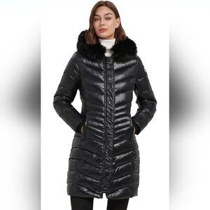 Women's Long Black Puffer Coat with Faux Fur Trim XL